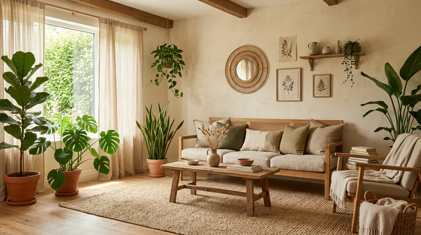 Earthy living room with organic textures, wood tones, and a grounded palette.